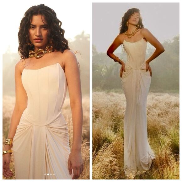 NWT Deme by Gabriella Gown Maxi Dress Pearl Corset Draped Bridal Wedding XL - Picture 1 of 11